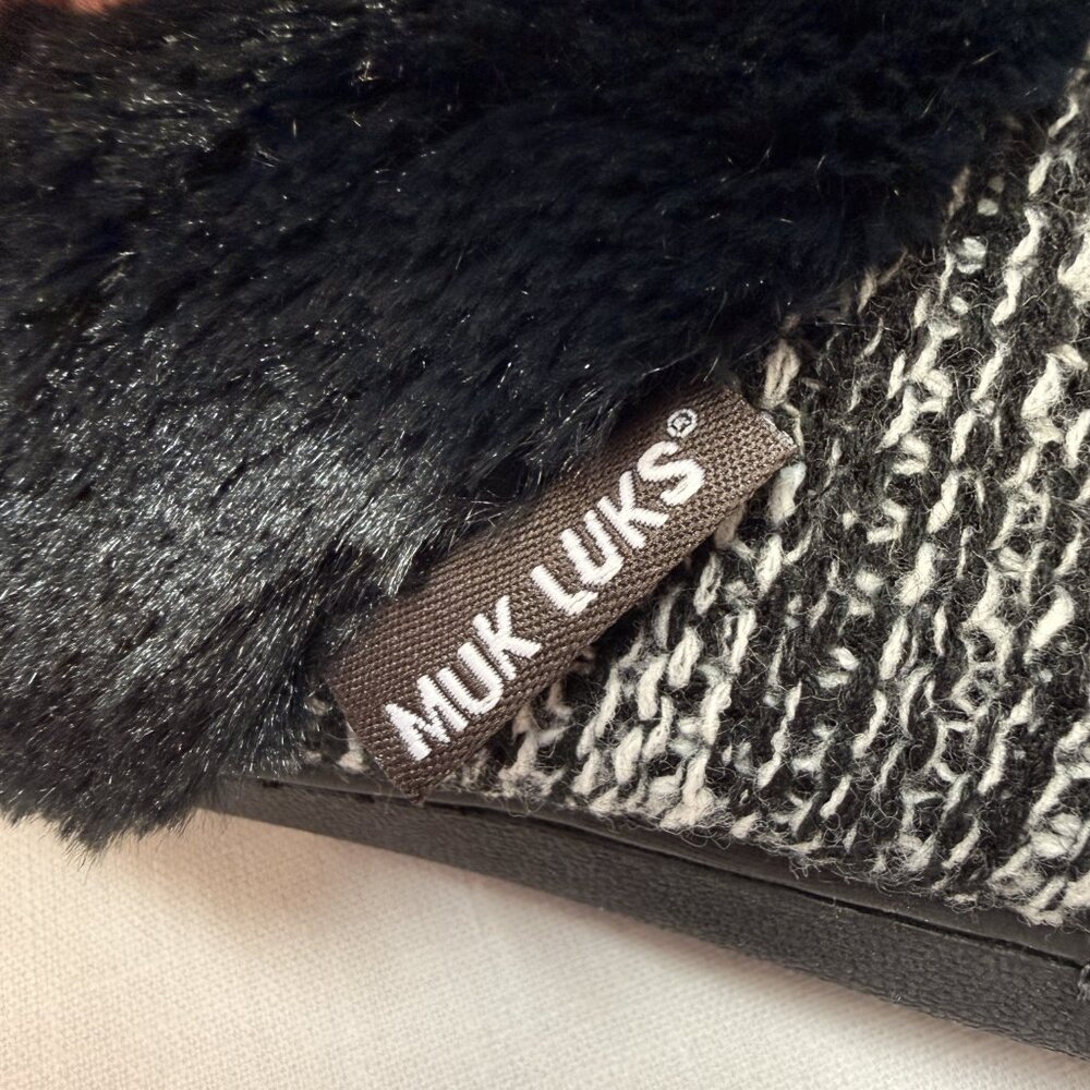 MUK LUK FAUX FUR LINED SALT & PEPPER KNIT LGE CLOG SLIP ON MEMORY FOAM SLIPPERS